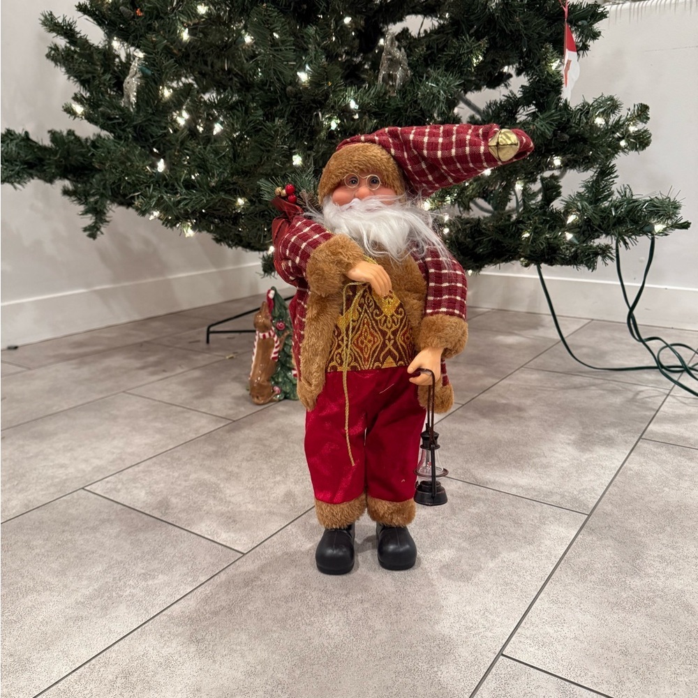 Red Plaid Santa Claus 16 Inch With Lantern Christmas Decor Figurine - Picture 3 of 5